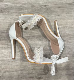 White Pearl Ruffle Bridal Heels Wedding Prom Shoes