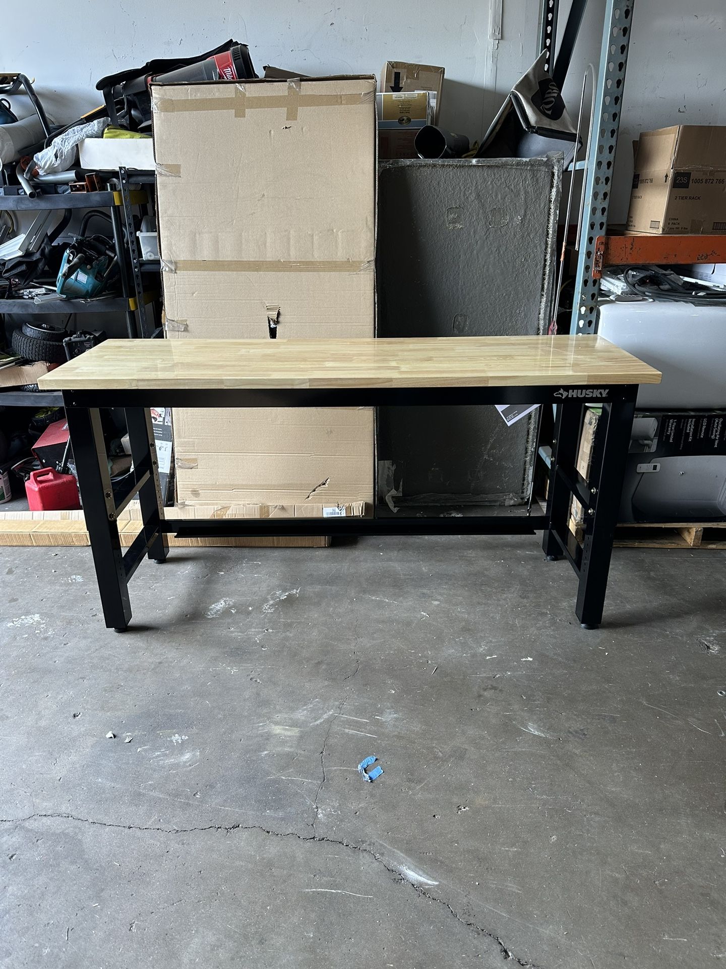 Husky 6 ft. Adjustable Height Solid Wood Top Workbench in Black for Ready to Assemble Steel Garage Storage System