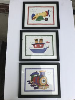 Children’s framed wall art picture train boat plane