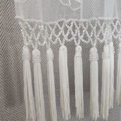 Sheer. Embroidered Scarf. White. Tassels. 100% Polyester 