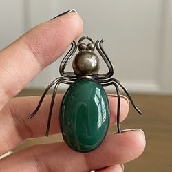 Vintage Mexico Taxco 980 Sterling Green Glass Bug Insect Spider Brooch Pin