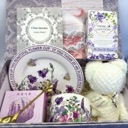 Lavender Tea Gift Box for Her – Floral Ceramic Cup Set & Cozy Self-Care Package