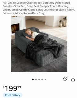 45'' Chaise Lounge Chair Indoor, Corduroy Upholstered Boneless Sofa Bed, Deep Seat Sleeper Couch Reading Chairs, Small Comfy Cloud Sofas (Dark Grey)