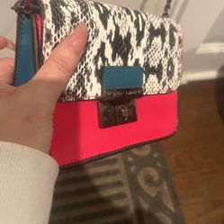 Betsey, Johnson, Crossbody, pink blue and white snake skin