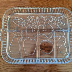 Vintage Pressed Glass Divided Serving Dish with Embossed Fruit