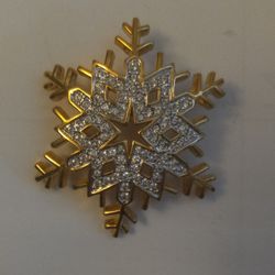Gold Tone Crystal Snowflake Brooch