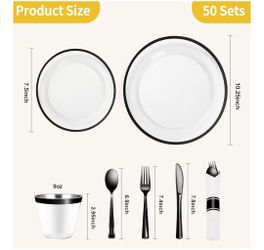 350 Piece clear Black Plastic Dinnerware Set for Party, Clear Disposable Plates for 50 Guests