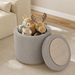 Round Ottoman with Storage, Ottoman Foot Rest, Boucle Small Ottoman, Foot Stool, Vanity Stool, Upholstered Sherpa Ottoman Support 250 lbs for Living R