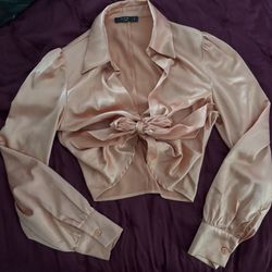 Blush Satin Tie-Front Crop Blouse 