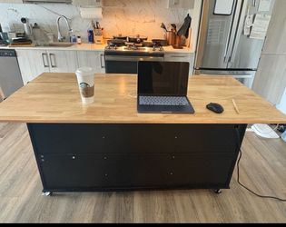59 Inch Kitchen Island on Wheels, Rolling Kitchen Island with Power Outlet & Drop Leaf, Mobile Rolling Cart with Trash Storage Cabinet, Towel Rack, Wi