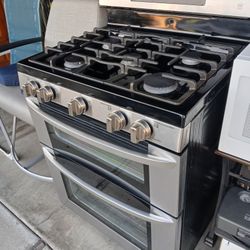 Double Oven Gas Stove **5 burners**/microwave Stainless Steel Overhead Microwave Slightly Used take All Must Go!