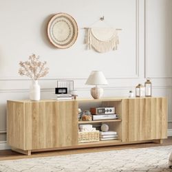 61" TV Stand for TVs up to 75", Mid Century Modern Entertainment Center with 2 Doors & Adjustable Shelves