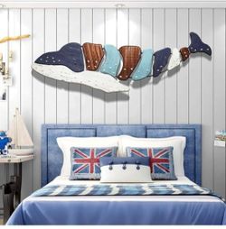 42.5" Shaped Wooden Wall Art, Hanging Wooden Whale Wall Art Ornament, Rustic Wooden Nautical Wall Sculpture Indoor Outdoor Beach Themed Decoration
