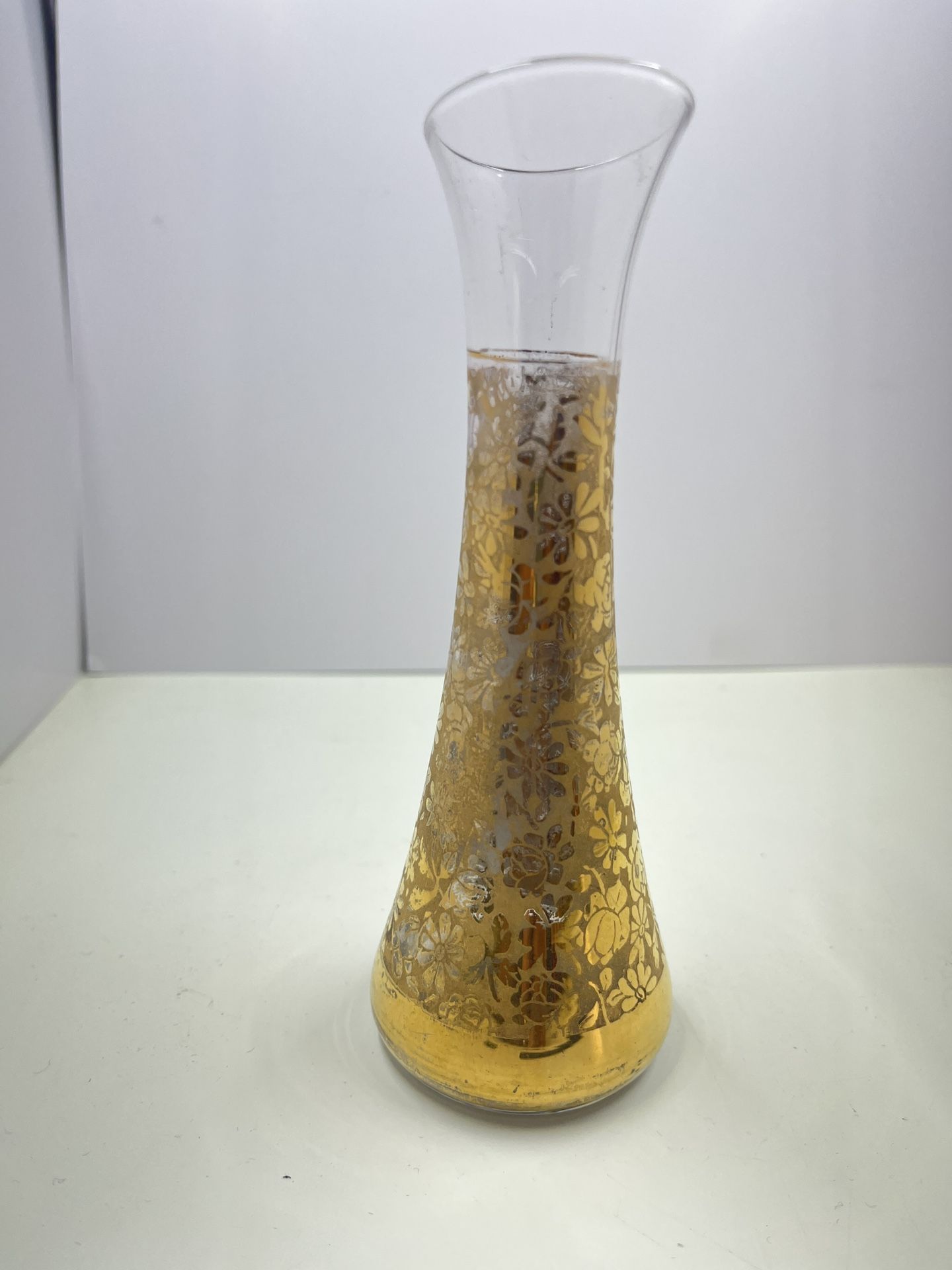 Vintage MCM Glass Bud Vase Elegant Gold Floral Overlay