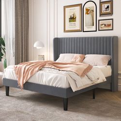 Queen Size Velvet Bed Frame with Vertical Channel Tufted Wingback Headboard, Upholstered Platform Bed with Wood Slats, No Box Spring Needed,