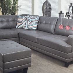 Gray Leather Sectional Couch With Massage Feature And Ottoman