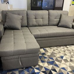 Comfy Gray 90in L-Shape Sleeper Sectional Sofa with Reversible Storage Chaise