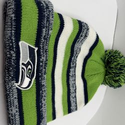 Seattle Seahawks Knit Beanie Hat Pom Pom Green Gray Striped Winter NFL