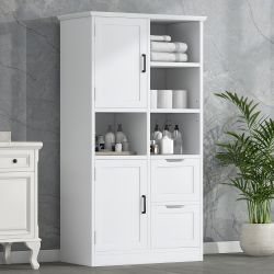 62” H White Freestanding Multiple Storage Bathroom Cabinet with Doors and Drawers [NEW] **Assembly Req** 