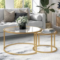 Round Nesting Coffee Table Set of 2 for Living Room, Modern Side Tables with Sturdy Metal Frame and Tempered Glass.Minimalist End Table,Cocktail Table