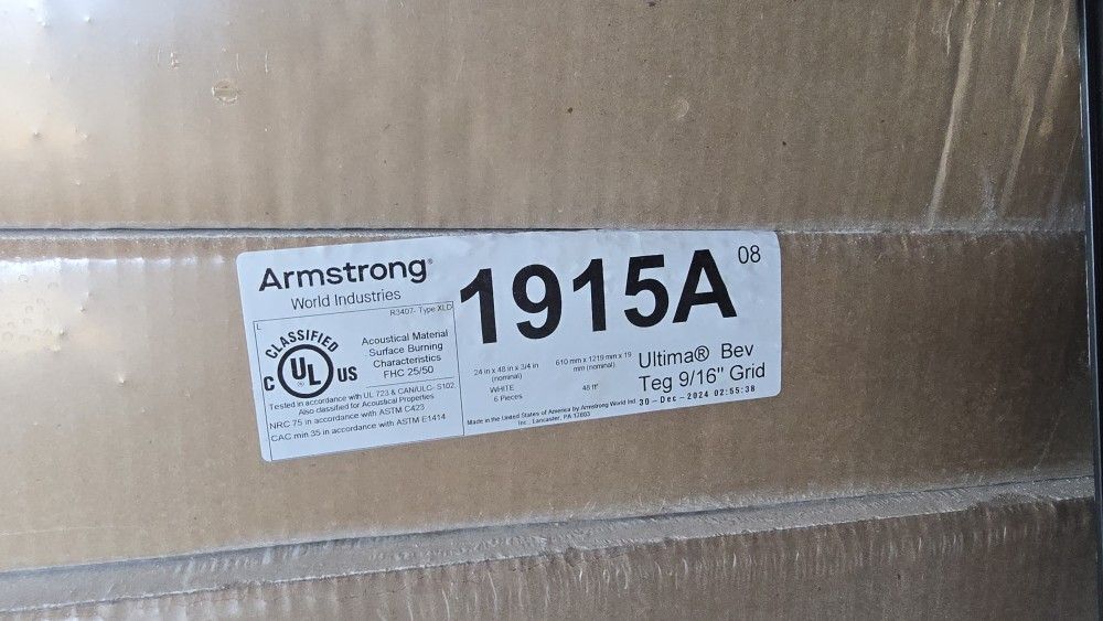 ARMSTRONG Ceiling Tile: 1915A, 24 in x 48 in, Beveled Tegular, 9/16 in Grid Size, 0.75 NRC, 6 PK