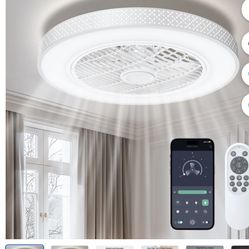 20 “Round Ceiling Fans with Lights, Dimmable Color Temperature and 6 Speeds, Remote & APP Control, Flush Mount Bladeless Reversible Motor,
