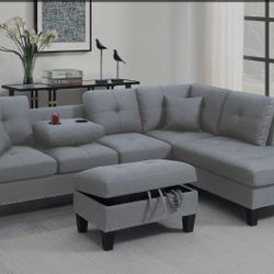 Gray 3pc Living Room Set Sectional Sofa Includes Console With Cup holders & storage Ottoman $399