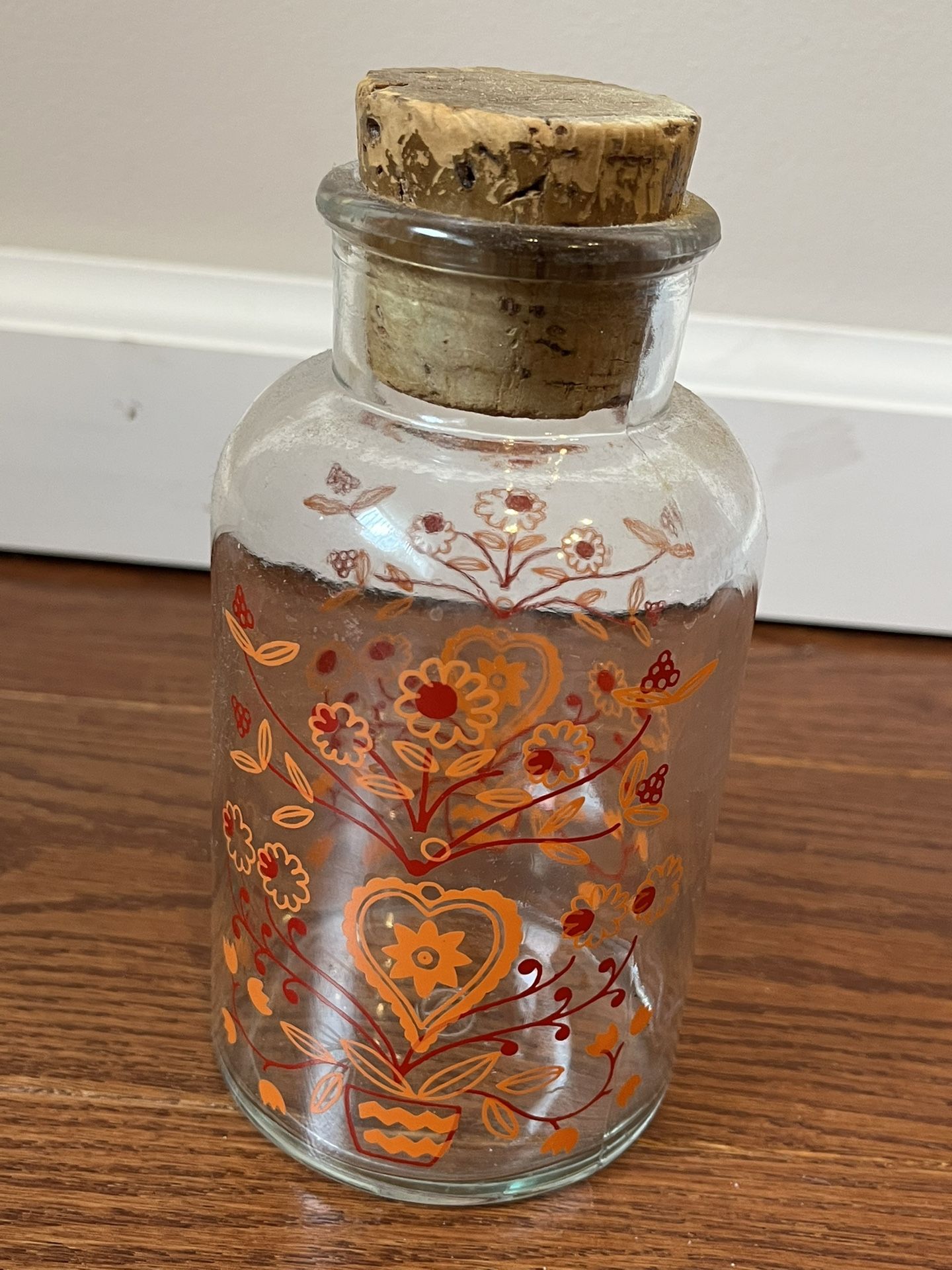 Mid-Century Modern Apothecary Jar With Cork Top, Orange And Red Floral 6.5” Tall