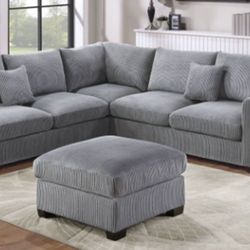 New Gray Or White Corduroy Sectional And Ottoman Sofa Couch 