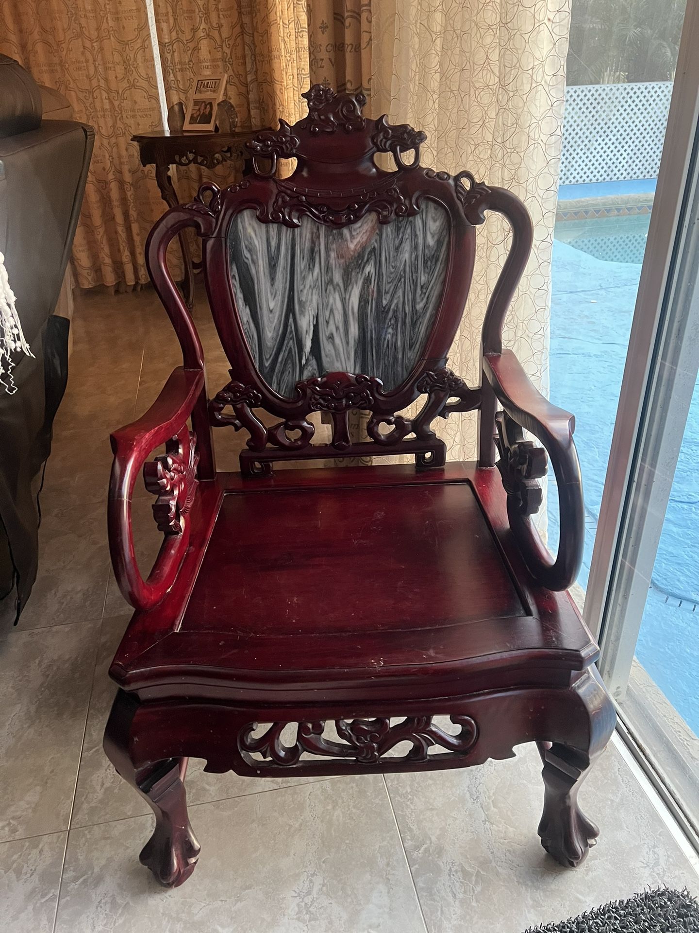 Antique Asian Cherrywood Chair Marble Center