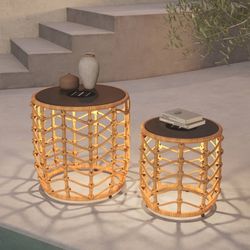 Outdoor Modern Boho Style Wave Wicker End Tables, Built-in Solar Lights, Natural Brown (Set of 2)