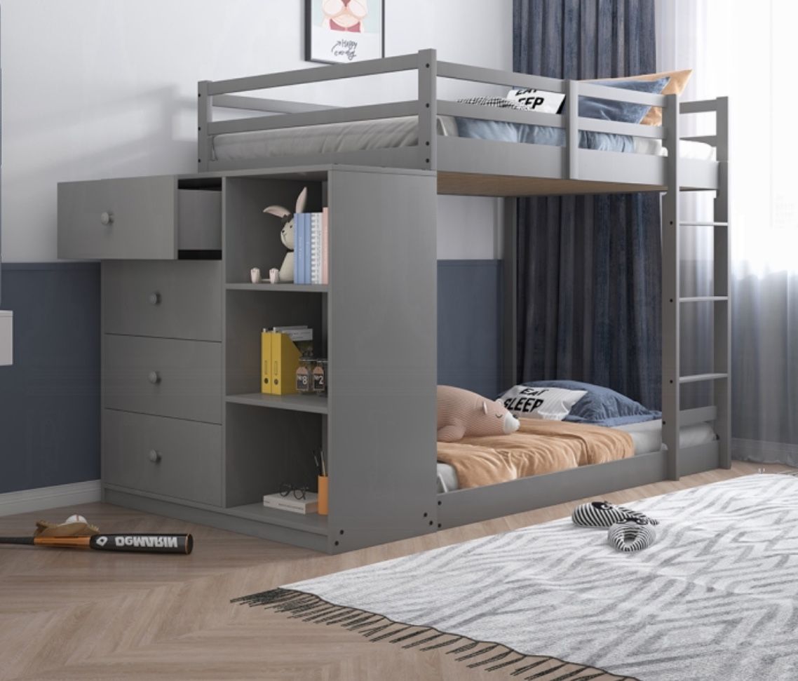 Twin Twin Bunk Bed w/ 4 Drawers And 3 Compartments