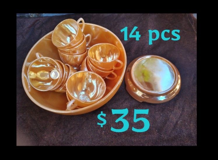 Set of Vintage Carnival Iridescent Glass, Depression Glass, Jeannette Marigold Tea/Coffee/Party/Punch Bowl + Base + Cups