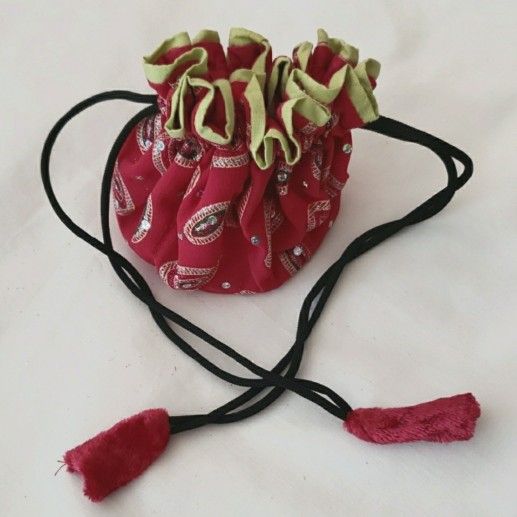 NWOT- Handpicked Dark Pink and Green Drawstring Pouch with Rhinestone Accents