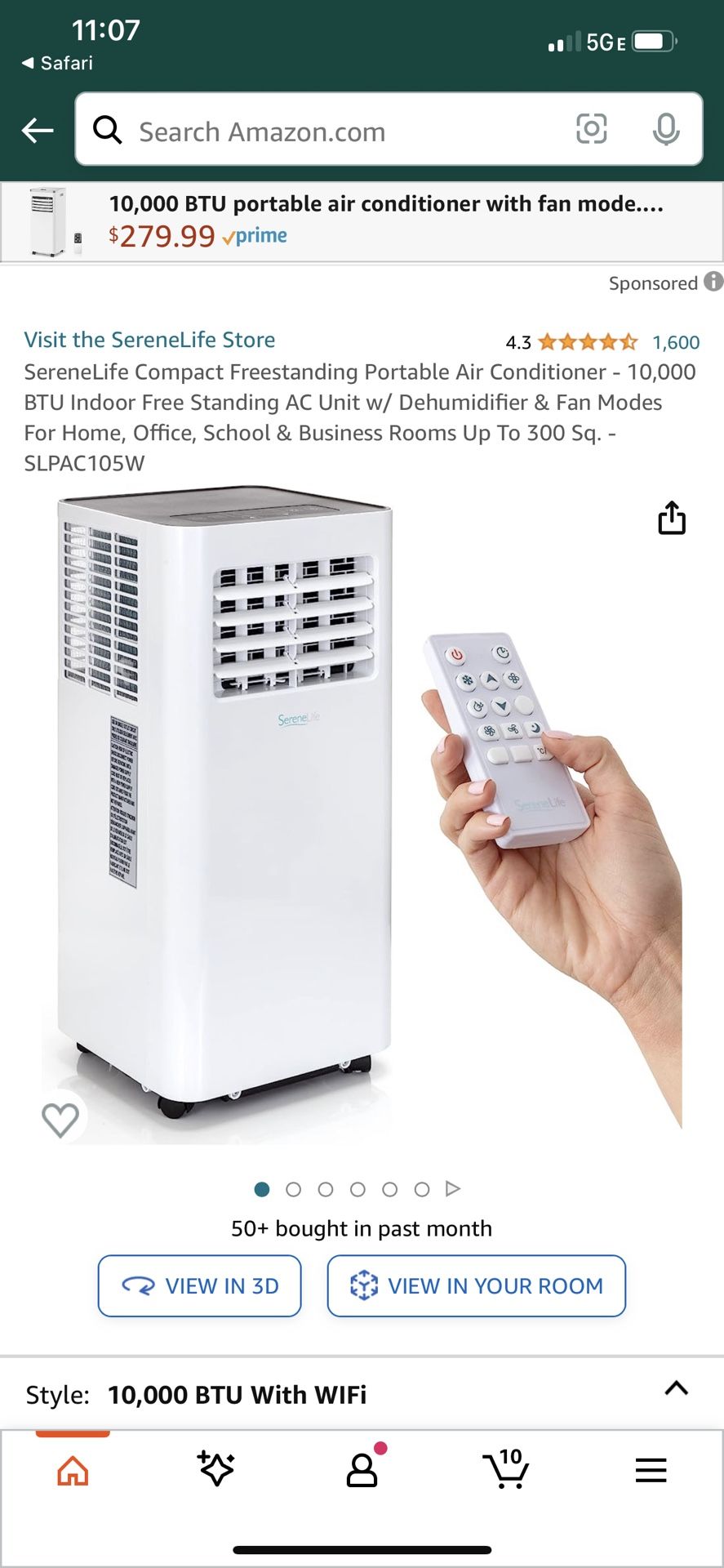 SereneLife Compact Freestanding Portable Air Conditioner - 10,000 BTU Indoor Free Standing AC Unit w/ Dehumidifier & Fan Modes For Home, Office, Schoo