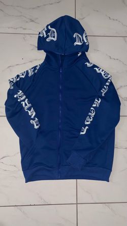 Blue Zip-Up Hoodie with Old English Print
