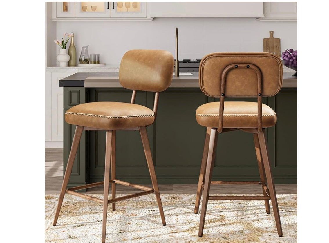 Modern Upholstered Counter Height Bar Stool Set of 2 with Backrest and Wood Legs. Brown