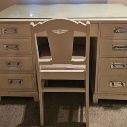 White Vintage Desk and Chair With Lucite Pull Handels
