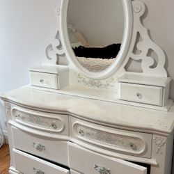 Vintage White Dresser with Mirror and Floral Detailing 