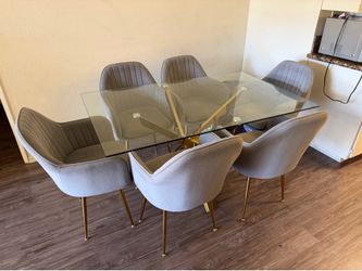 Dining Table Glass 6 Velvet Chair