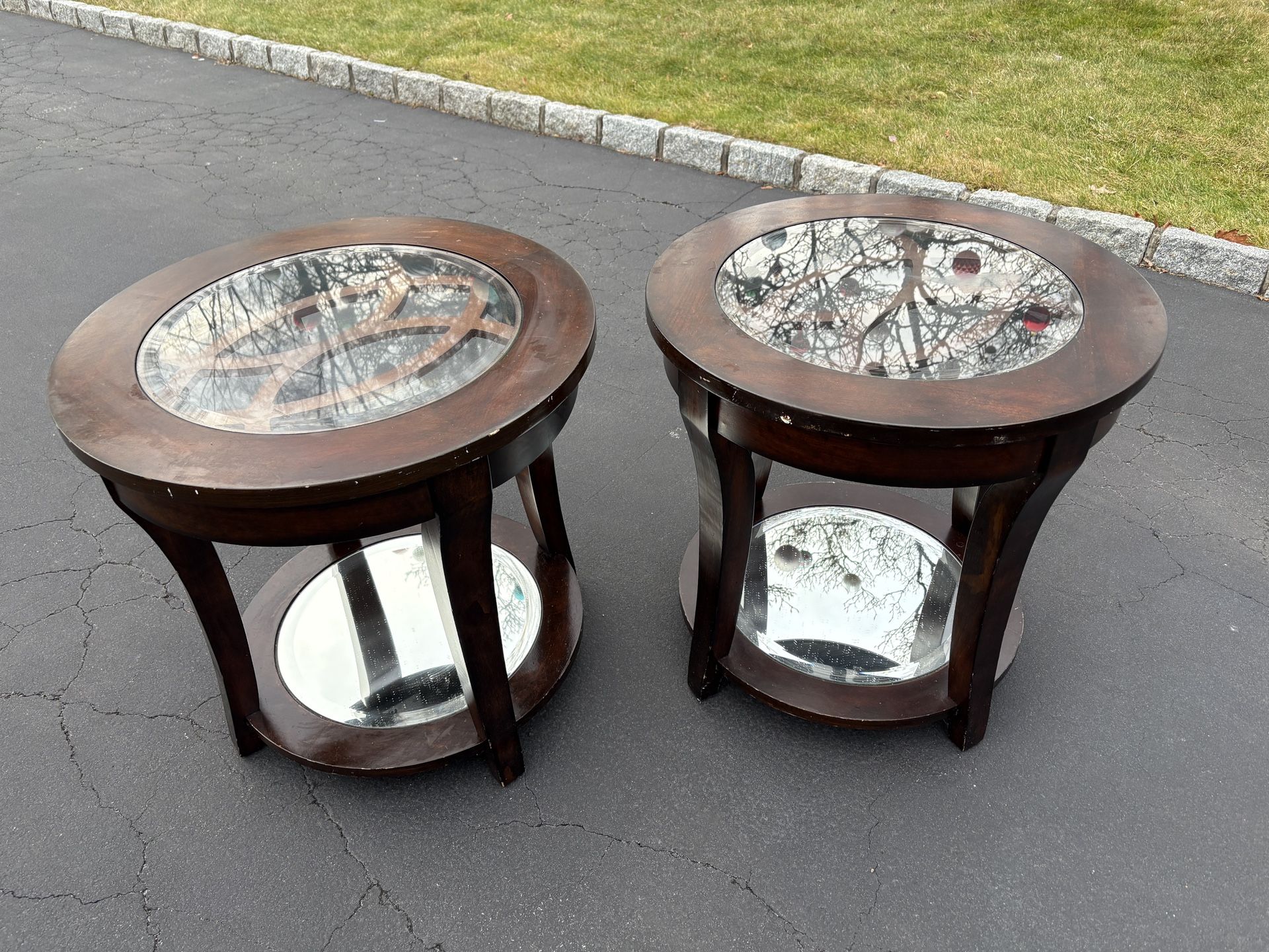 2 - Glass Top and Wood Round End Tables with Mirrored Bottom Shelf  25” Round and 24” High