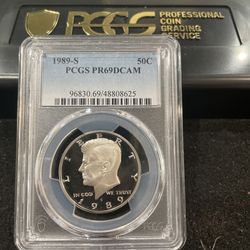 1989 S Gem Proof Kennedy Half Dollar Graded At PR69 With A Deep Cameo 5-5