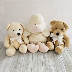 Set of 3 Plushies for Baby Infant Toddler Nursery, 2 Luv N' Care 7" Brown and Cream Bears (2003) and a TY Lux 8" Yellow Chick Beanie (2002) Stuffed An