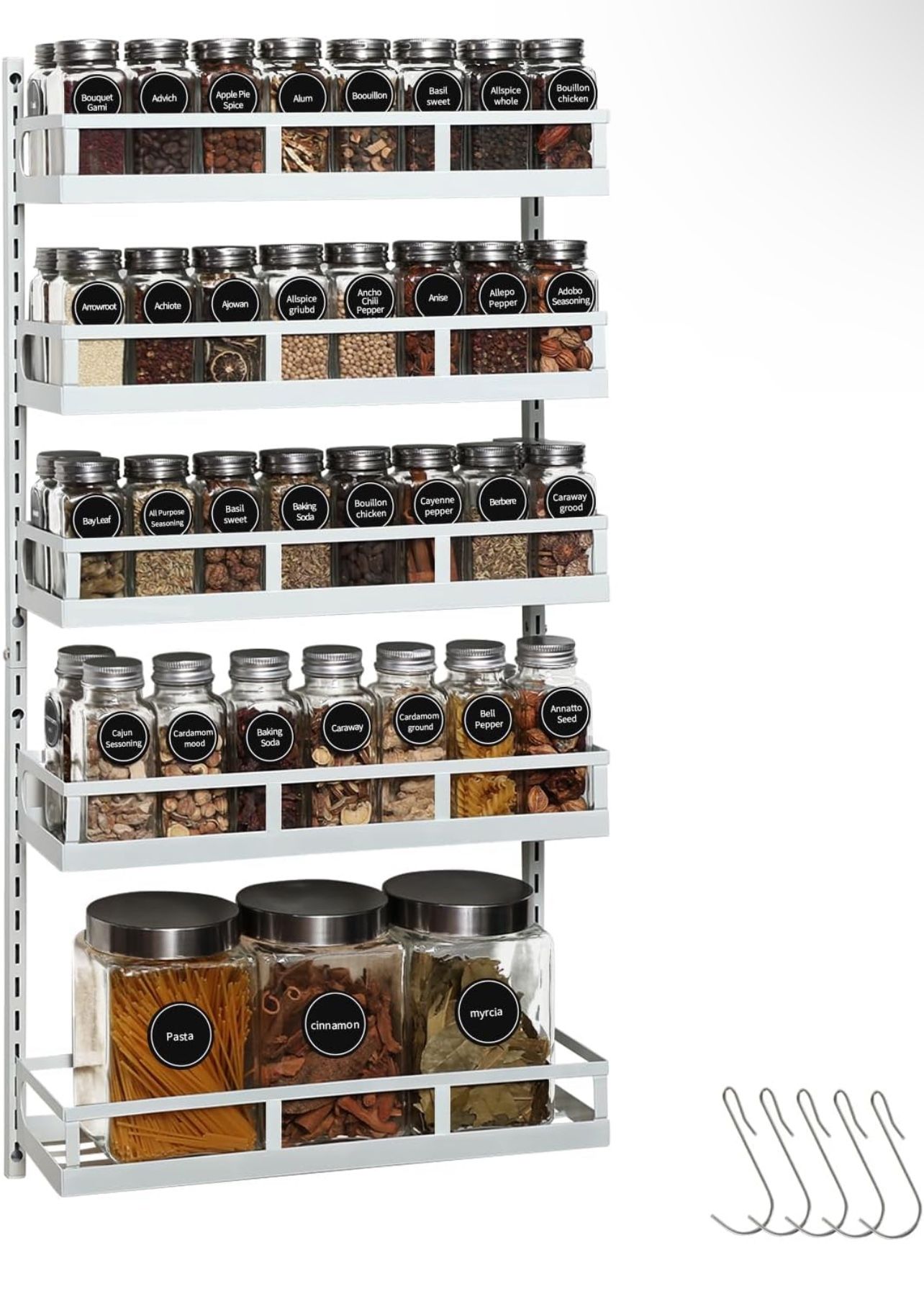 Wall Mount Spice Rack Organizer 5 Tier Height-Adjustable Hanging Spice Shelf Storage for Kitchen Pantry Cabinet Door, Dual-Use Seasoning Holder Rack w