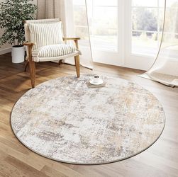 6.11 ft Washable Round Rug / Beige Grey - New 