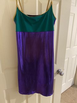 Purple/green/gold slip dress