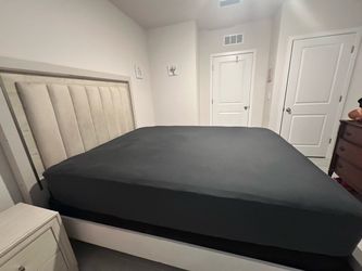 Queen Bed Frame with Upholstered Headboard and night stand