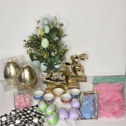 Easter Decoration Lot Bundle Topiary Tree Golden Bunnies Eggs Garland Cups