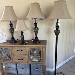 Lamp Set Brown Marble Table and Standing With Gold Trim 