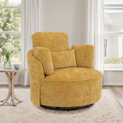 Ginger Chenille Fabric Upholstered 360° Swivel Accent Chair Metal Base Barrel Chair with Pillow